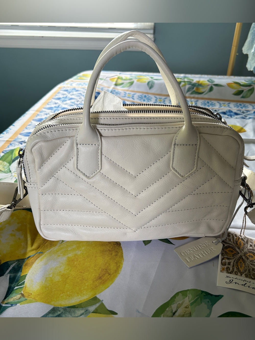 Cream Quilted Leather Satchel with Top Handles and adjustable Crossbody strap